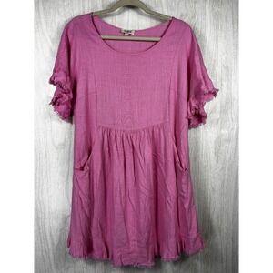 Umgee Dress L Hot Pink Linen Blend Boho Raw Hem Ruffle Sleeve Summer Chic
